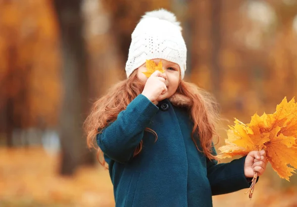 Girl with bouquet of leaves — Stock Photo, Image