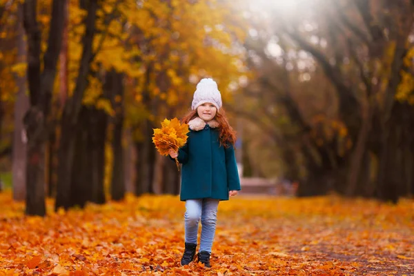 Menina com buquê de folhas amarelas — Fotografia de Stock