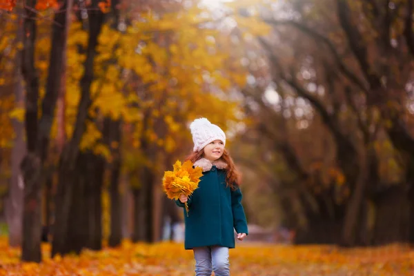 Girl with bouquet of yellow leaves — Stock Photo, Image