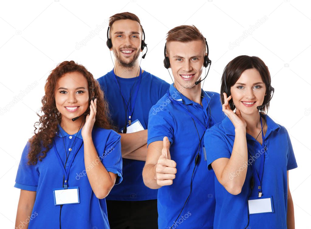 Team of technical support dispatchers on white background