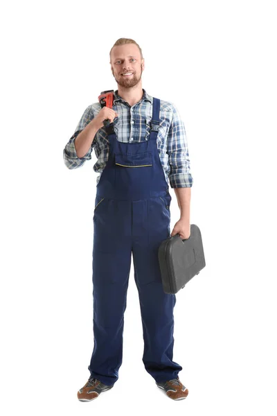 Handsome plumber with pipe wrench — Stock Photo, Image