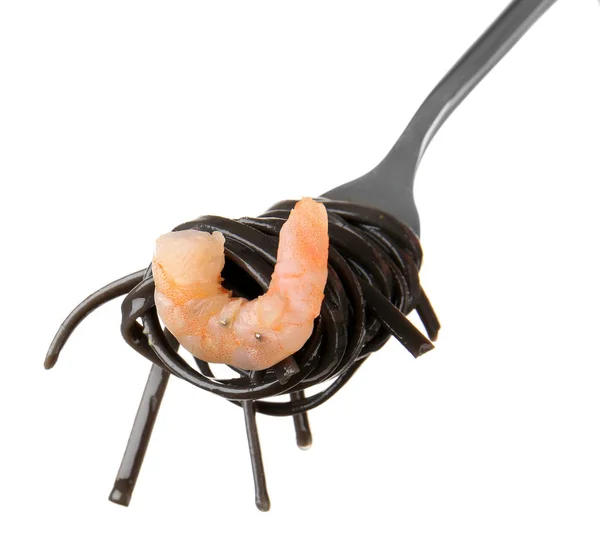 Fork with black pasta and shrimp — Stock Photo, Image