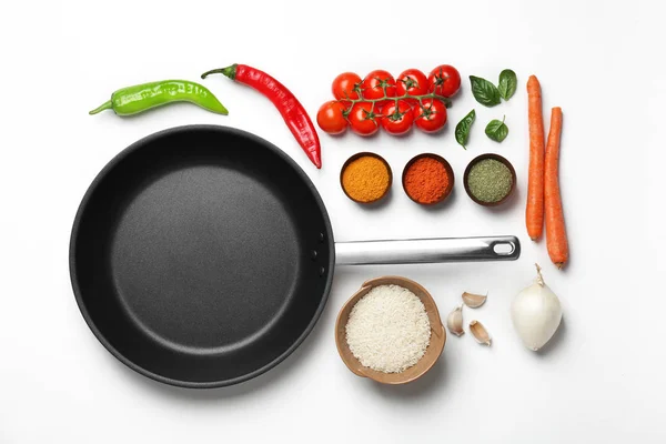 Cooking concept. Food ingredients and saucepan — Stock Photo, Image