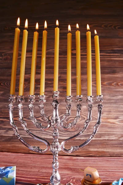 Beautiful menorah with burning candles — Stock Photo, Image