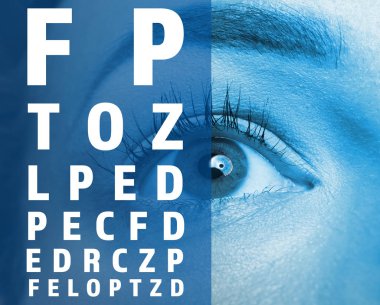 Göz doktoru kavramı. Görme test grafik ve kadının göz, portre