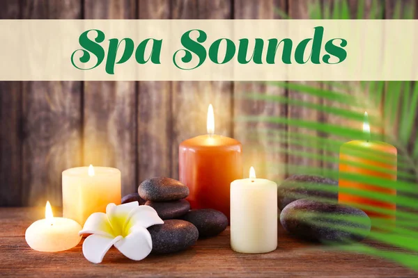 Stones Candles Wooden Table Spa Sounds Concept — Stock Photo, Image