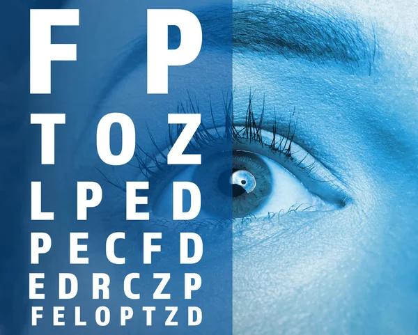 眼科医生的概念 视力测试图和妇女的眼睛 — 图库照片