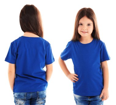 Küçük kız beyaz zemin üzerine t-shirt giyen farklı görünümlerini