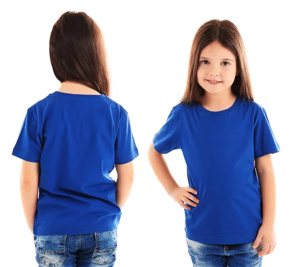 Vistas Diferentes Menina Vestindo Shirt Fundo Branco — Fotografia de Stock