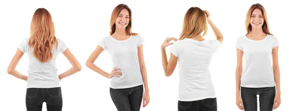 Mladá žena nosí tričko — Stock fotografie