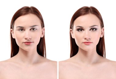 Kadın yüz önce ve sonra profesyonel makyaj uygulama, beyaz arka plan. Güzellik kavramı
