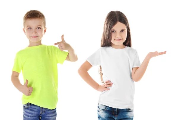 Niños Con Diferentes Camisetas Sobre Fondo Blanco —  Fotos de Stock