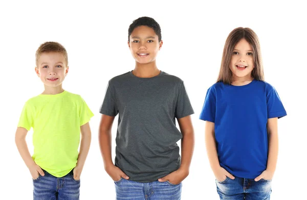 Barn Som Bär Olika Shirts Vit Bakgrund — Stockfoto