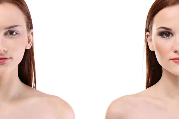 Mujer Cara Antes Después Aplicación Maquillaje Profesional Fondo Blanco Concepto — Foto de Stock