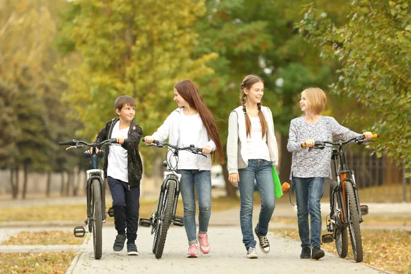 Glada Vänner Med Cyklar Park — Stockfoto