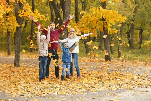 Lycklig Familj Spelar Med Bladen Vacker Höst Park — Stockfoto