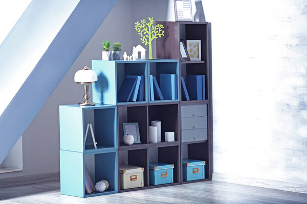 Wooden shelving with books