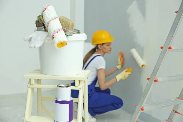 Conjunto Instrumentos Para Hacer Reparación Con Pintor Borroso Sobre Fondo —  Fotos de Stock