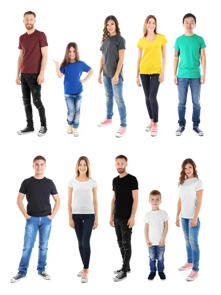 Jovens Vestindo Camisetas Diferentes Fundo Branco — Fotografia de Stock