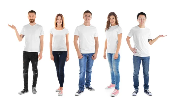 Jovens Vestindo Camisetas Diferentes Fundo Branco — Fotografia de Stock