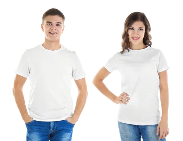 Junge Leute Tragen Shirts Auf Weißem Hintergrund — Stockfoto