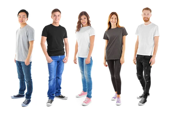 Jovens Vestindo Camisetas Diferentes Fundo Branco — Fotografia de Stock