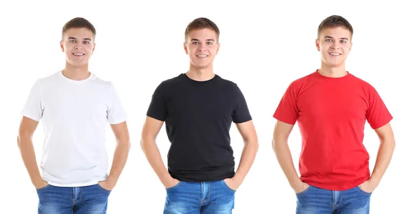 Hombre Joven Con Diferentes Camisetas Sobre Fondo Blanco — Foto de Stock