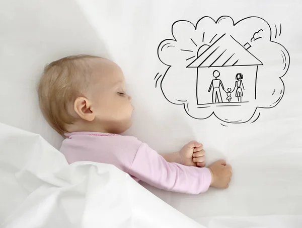 Söt Baby Som Sover Säng Och Drömmer Familj — Stockfoto