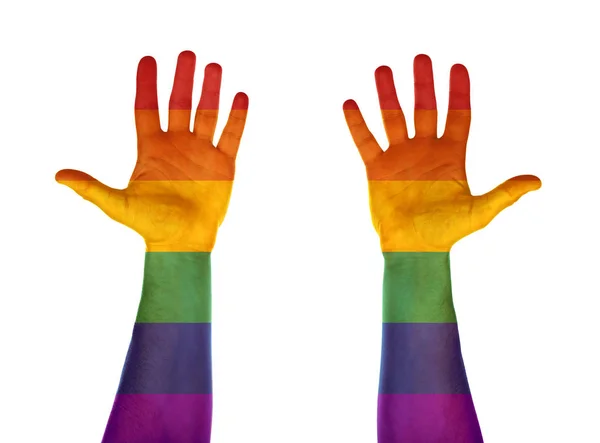 Manos masculinas pintadas en bandera LGBT — Foto de Stock