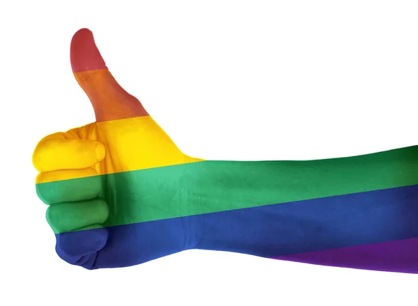 Mão masculina pintada em bandeira LGBT — Fotografia de Stock