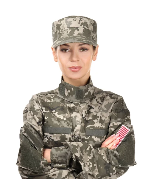 Schöne Frau Camouflage Auf Weißem Hintergrund — Stockfoto