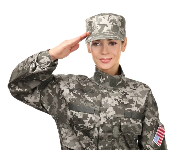 Γυναίκα Στρατιώτη Χαιρετισμό Λευκό Φόντο — Φωτογραφία Αρχείου