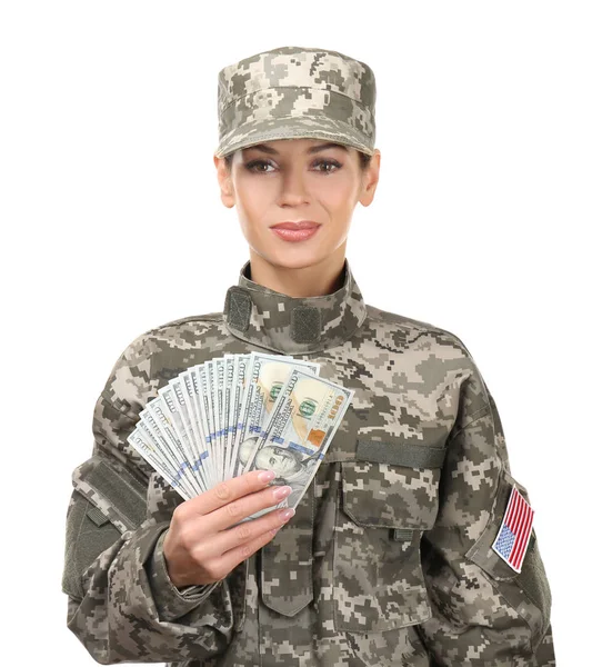 Soldado Feminino Com Notas Dólar Sobre Fundo Branco — Fotografia de Stock