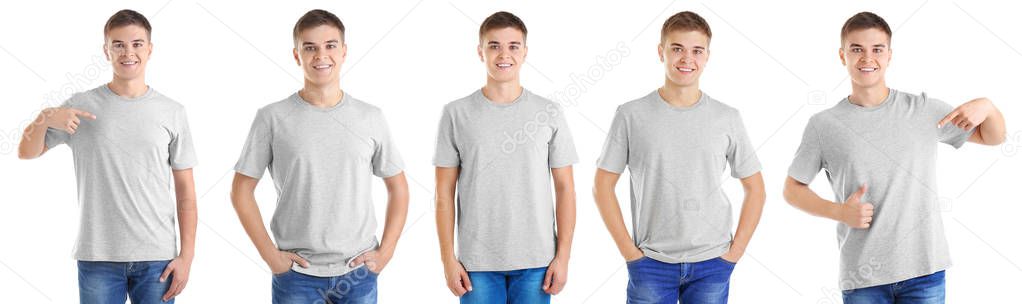 Young man wearing t-shirt on white background