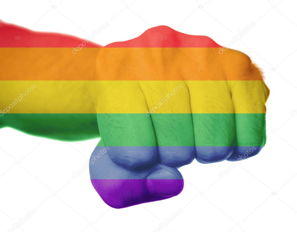 Male fist painted in LGBT flag 