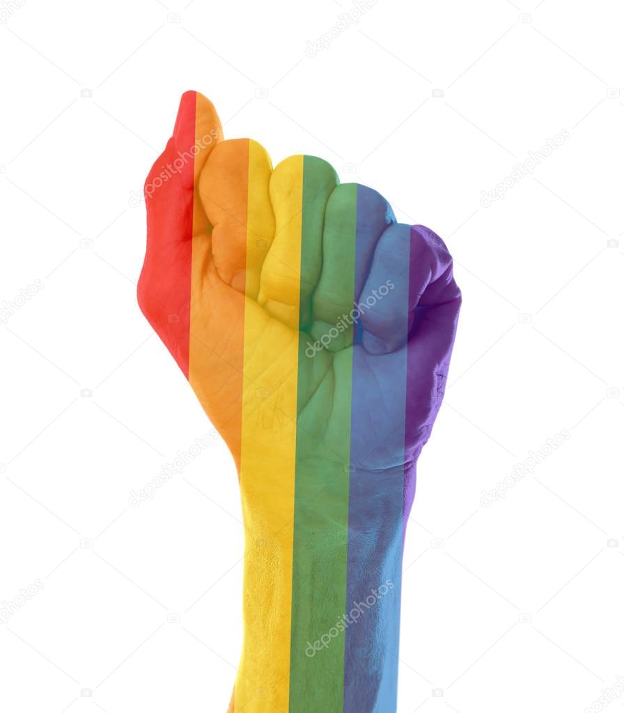Male fist painted in LGBT flag 