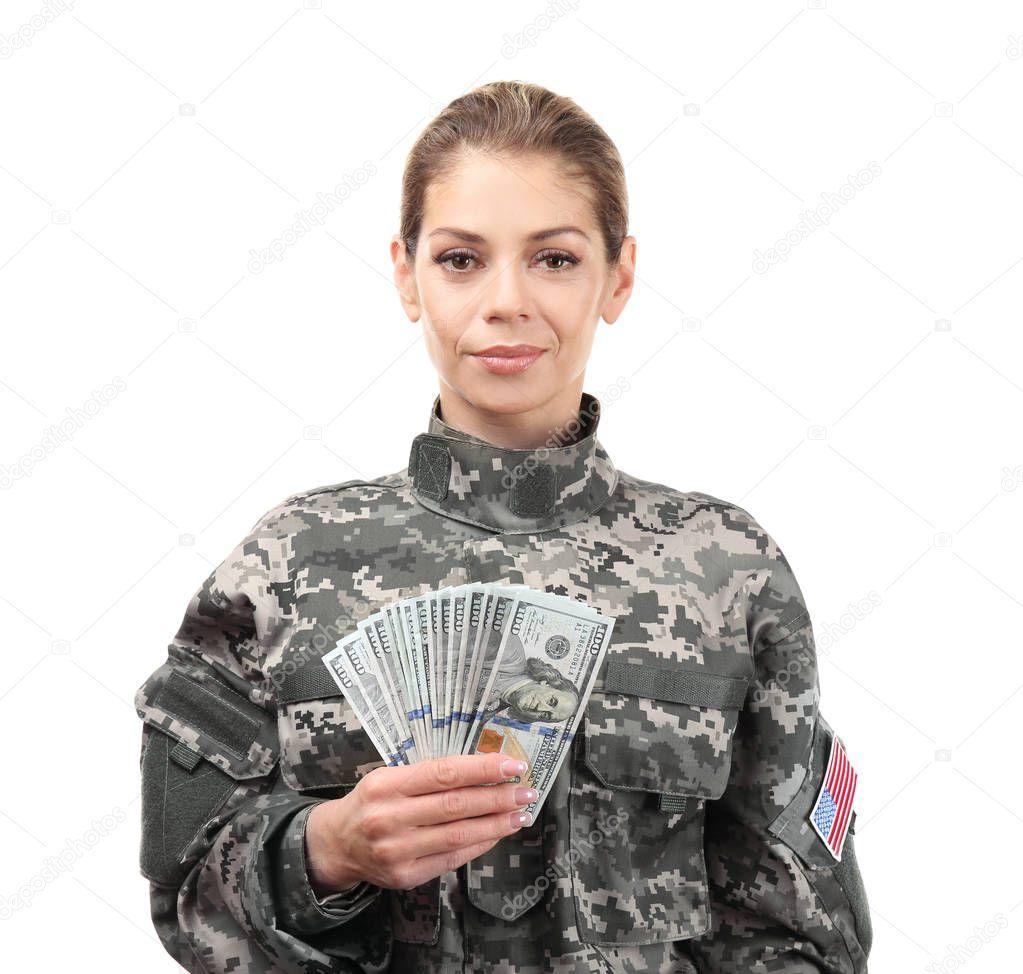 Female soldier with dollar banknotes on white background