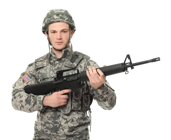 Soldat mit Sturmgewehr auf weißem Hintergrund — Stockfoto