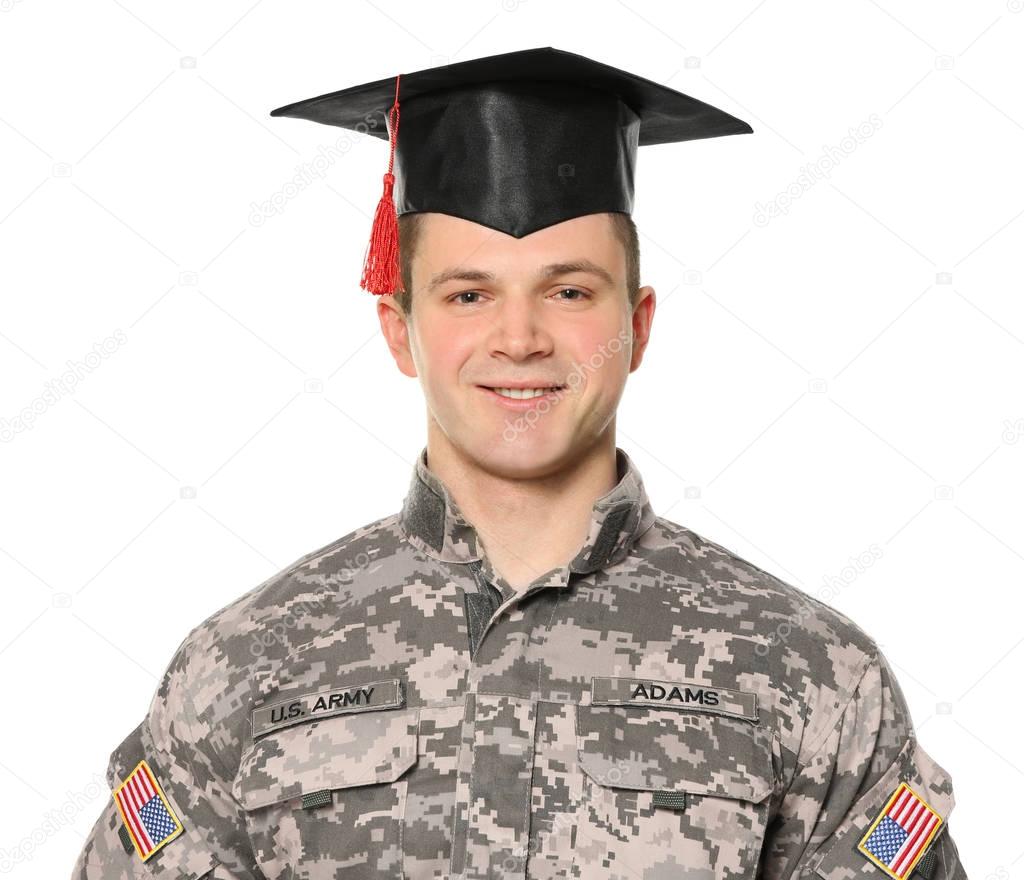 Soldier wearing graduation cap, on white background