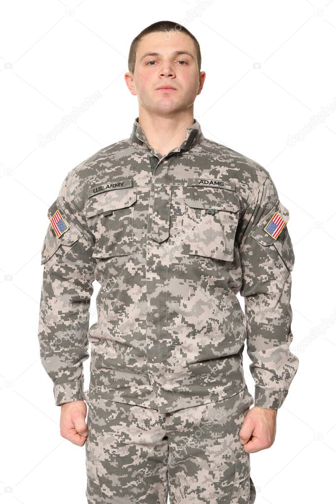 Soldier in camouflage on white  