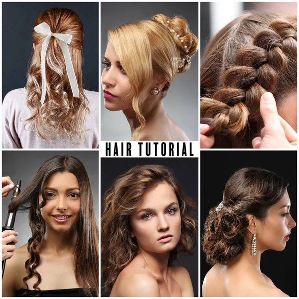 Колаж Жіночих Зачісок Текст Hair Tutorial Фоні — стокове фото