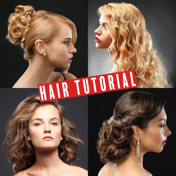 Collage Women Hairstyles Text Hair Tutorial Background — Stock Photo, Image