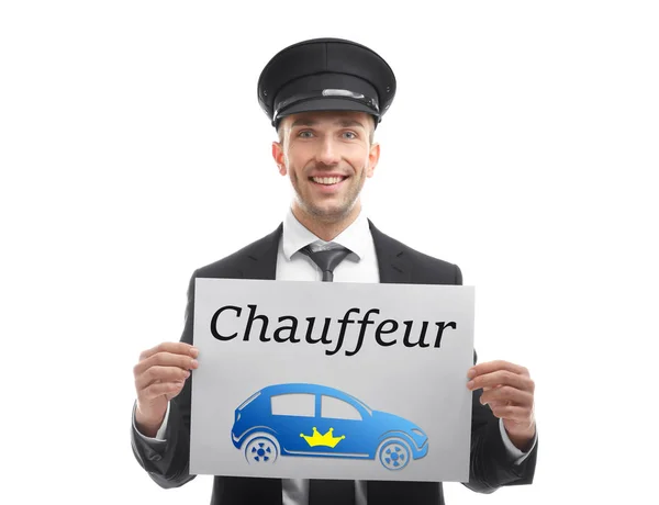 Man die met banner Chauffeur — Stockfoto