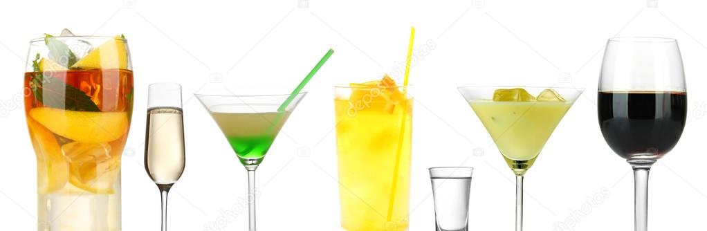 Delicious cocktails on white 