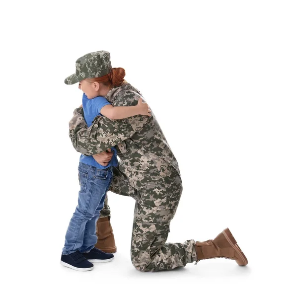 Woman soldier embracing with son — Stock Photo, Image