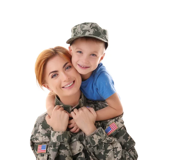 Жінка солдат і син — стокове фото