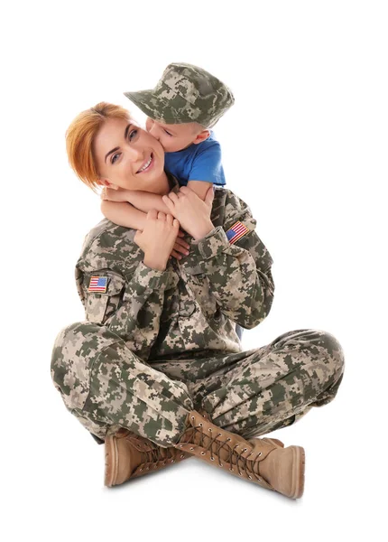 Woman soldier and son — Stock Photo, Image