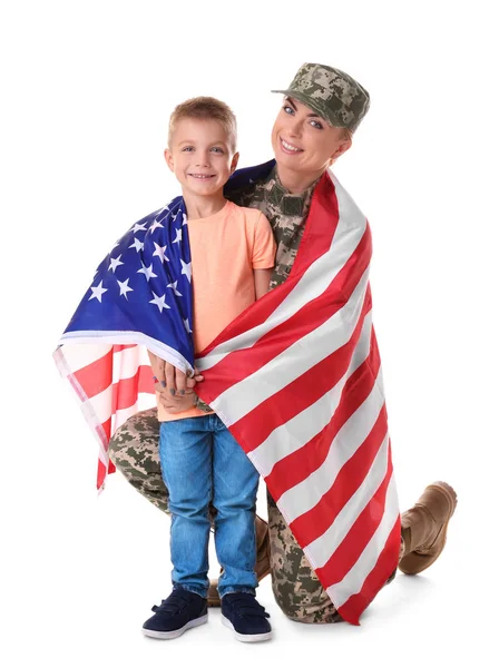 Femme soldat et enfant avec drapeau américain — Photo