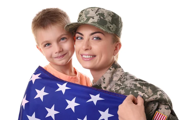 Mulher soldado e criança com bandeira americana — Fotografia de Stock