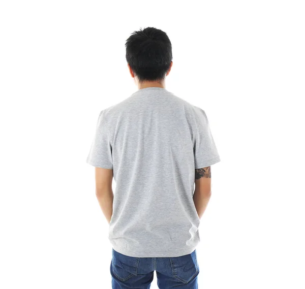 Man in blank grey t-shirt — Stock Photo, Image